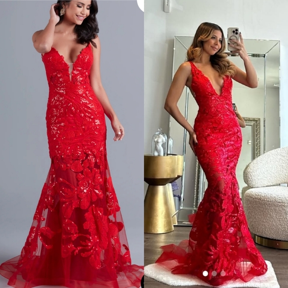 Jovani Red Lace Evening Gown - Picture 6 of 16
